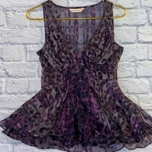 Rebecca Taylor Purple Leopard Print Chiffon Metallic Stripe Peplum Top Blouse